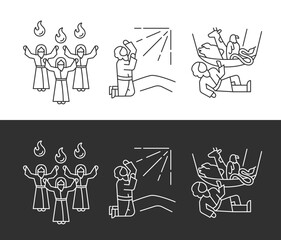 Biblical stories linear icons set for dark, light mode. Early christians. Religious legends. Christianity narratives. Thin line symbols for night, day theme. Isolated illustrations. Editable stroke