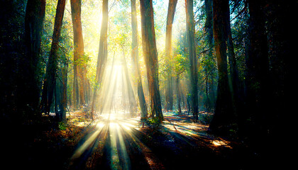 Obraz premium Fantastic deep forest landscape background, dense trees and grass