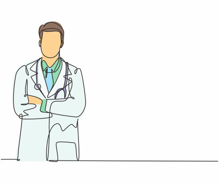 Single continuous line drawing of young happy male doctor pose standing manly cross his hand on chest. Medical health care service workers concept one line draw design vector graphic illustration