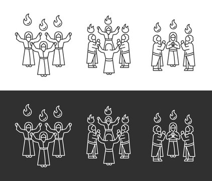 Pentecost sunday linear icons set for dark, light mode. Religious holiday. Early christianity. Tongues of holy fire. Thin line symbols for night, day theme. Isolated illustrations. Editable stroke