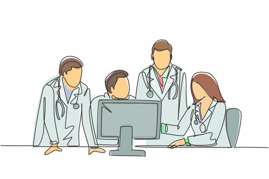 One continuous line drawing group of young doctor discuss proper treatment while watching patient medical report on computer. Hospital health care concept single line draw design vector illustration