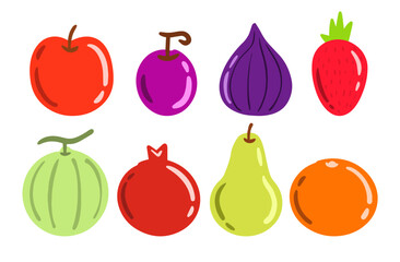 Fruit hand drawn collection illustration. Apple, grape, fig, strawberry, melon, pomegranate, pear, orange vector.