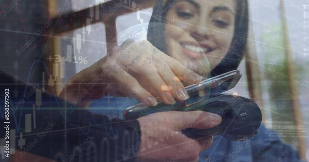 Poster animation of financial data processing over people using smartphone and payment terminal