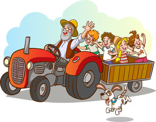 Obraz na płótnie Canvas farmer driving tractor and happy kids