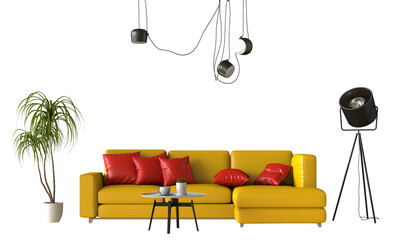 sofa and decoration on transparent background. png. 3D rendering