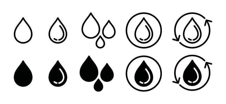 Water drops icon vector collection. Water or oil drop symbol illustration. Updated, restore, fix water sign silhouette. Raindrops flat logo