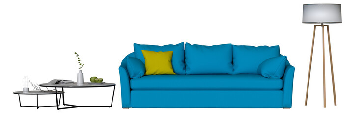sofa and decoration on transparent background. png. 3D rendering