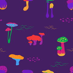 Naklejka premium Seamless pattern with different mushrooms, bright psychedelic colors on purple background. Made in vector. Good for textile, fabric, wrapping, for kids.