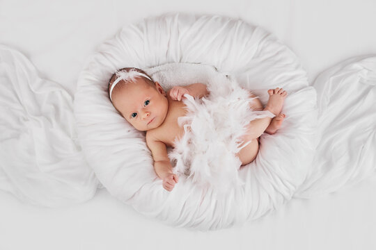 sweet newborn baby in dress with feathers