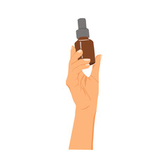 Vector illustration of Woman's hands with different cosmetic products in bottles
