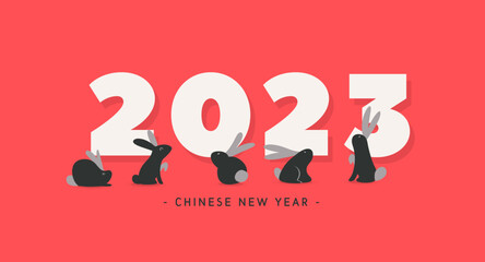Flat style Chinese New Year 2023, the year of the rabbit banner design. Many zodiac black little bunny sit next to the big year numbers. Red background and simple hand-drawn elements.