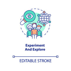 Experiment and explore concept icon. Open new experience. Improving self esteem abstract idea thin line illustration. Isolated outline drawing. Editable stroke. Arial, Myriad Pro-Bold fonts used