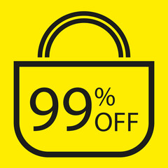 99 percent off. Yellow banner with shopping bag illustration.