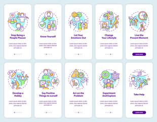 Improving self esteem onboarding mobile app screen set. Psychology walkthrough 5 steps editable graphic instructions with linear concepts. UI, UX, GUI template. Myriad Pro-Bold, Regular fonts used