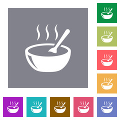 Glossy steaming bowl of soup with spoon square flat icons
