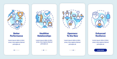 Benefits of confidence onboarding mobile app screen. Positivity walkthrough 4 steps editable graphic instructions with linear concepts. UI, UX, GUI template. Myriad Pro-Bold, Regular fonts used