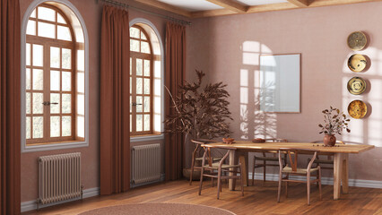 Classic scandinavian dining room in orange and beige tones. Wooden table with chairs, parquet and frame mockup. Japandi interior design