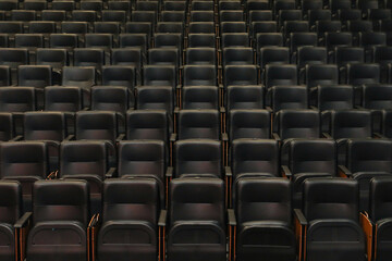 Theater auditorium with emphasis on the black chairs and wooden sides, all the same giving continuity and lines.