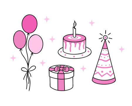 Pink happy birthday set, cake with candle, party hat, gift box and balloons. Vector Illustration for background, cover and packaging. Image can be used for greeting card. Isolated on white background.