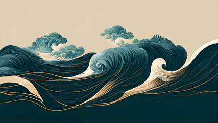Japanese illustration of great ocean waves as wallpaper. Old texture. 