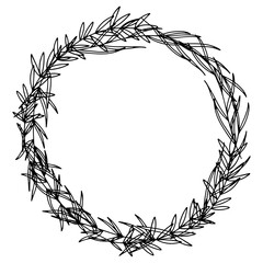 Hand drawn round frame with flowers and leaves on a transparent background.