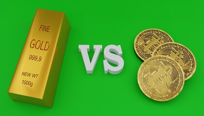 3D illustration, image of Bitcoin and gold bullion, rivalry between the two on a green background, 3D rendering.