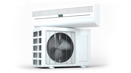 Air conditioner outdoor and indoor unit isolated on white. Turned on operating. In motion. Clipping path included! Original 3D render. - obrazy, fototapety, plakaty