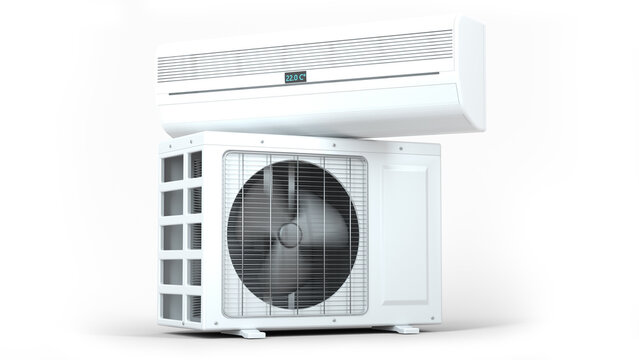 Air conditioner outdoor and indoor unit isolated on white. Turned on operating. In motion. Clipping path included! Original 3D render.