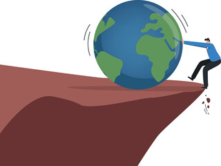 Global economic risks. Politics, war, inflation. impact of the Fed interest rate policy. Stock market volatility. Businessmen try hard to push the globe from falling off a cliff.