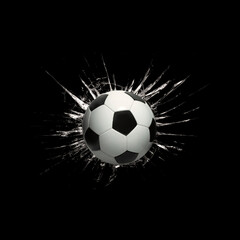 Fast soccer ball through broken glass on black background