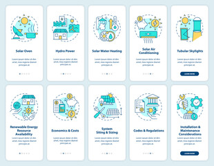 Setup renewable energy onboarding mobile app screen set. Walkthrough 5 steps editable graphic instructions with linear concepts. UI, UX, GUI template. Myriad Pro-Bold, Regular fonts used