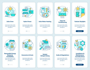 Setup renewable energy onboarding mobile app screen set. Walkthrough 5 steps editable graphic instructions with linear concepts. UI, UX, GUI template. Myriad Pro-Bold, Regular fonts used