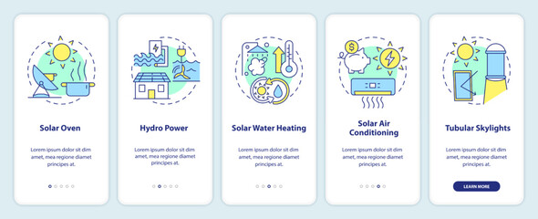 Fototapeta na wymiar Power home with renewable energy ways onboarding mobile app screen. Walkthrough 5 steps editable graphic instructions with linear concepts. UI, UX, GUI template. Myriad Pro-Bold, Regular fonts used