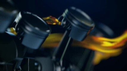 3d footage with car engine working. Concept of motor with oil lubricant splash and flow.