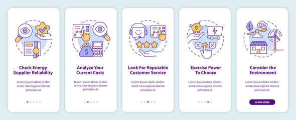 Choosing energy supplier factors onboarding mobile app screen. Walkthrough 5 steps editable graphic instructions with linear concepts. UI, UX, GUI template. Myriad Pro-Bold, Regular fonts used