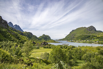 Clouds and sunshine over fjord near Unstad, Vestv&aring;g&oslash;y, Lofoten Islands, Nordland, Norway