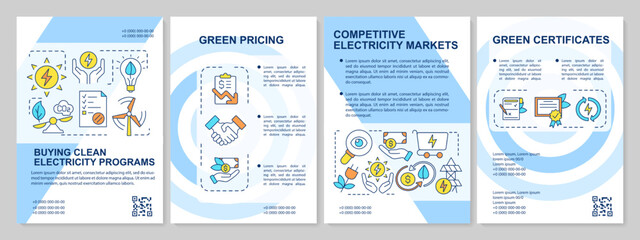 Buying clean electricity blue brochure template. Eco power. Leaflet design with linear icons. Editable 4 vector layouts for presentation, annual reports. Arial, Myriad Pro-Regular fonts used