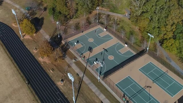 Aerial View Circle Basketball Court People Playing Ball