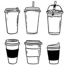 Hot coffee disposable to go cup. Hand drawn take away illustrations.