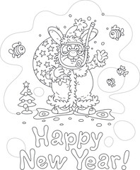 New Year card with a funny black rabbit carrying a bag of gifts, wearing Santa costume, a mask, flippers and snorkel for diving, surrounded by small merry fishes, vector cartoon