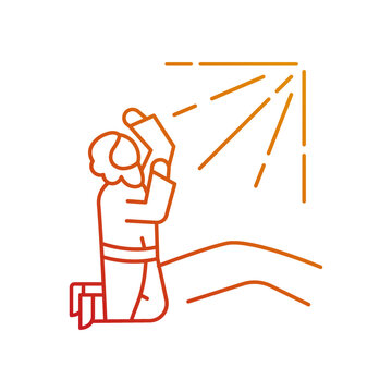 recommend clip art: Apostle pray to holy radiance gradient linear vector icon. Saint Paul conversion. Man on knee raise hands to sky. Bible. Thin line color symbol. Modern style pictogram. Vector isolated outline drawing