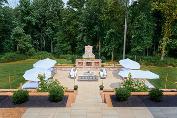Patio with Fireplace and Umbrellas