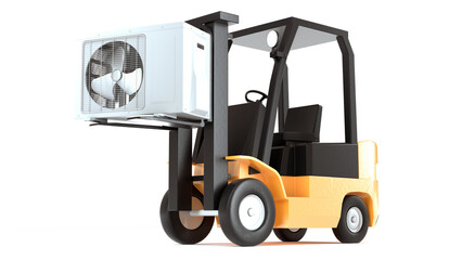 Fototapeta na wymiar Forklift lifting air conditioner outdoor unit. Creative illustration of high demand on air conditioners. Isolated on white color. Original 3D render.