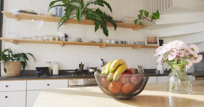 General view of modern kitchen with countertop, kitchen equipment and fruits