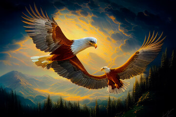 The eagle flying in the mountains. Illustration for books, cartoons and printing products.