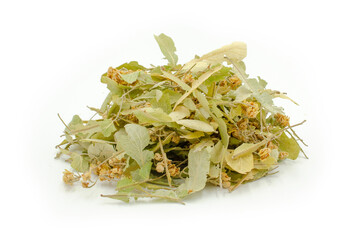 Dried linden flower and leaves in a white background.