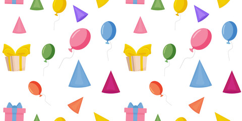 Seamless background for a party with balloons, gifts, caps. Template for parties, birthday parties. Vector illustration.