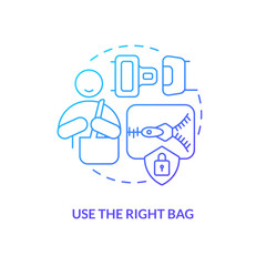 Use appropriate bag blue gradient concept icon. Protect from robbery. Prevent grabbing. Trip safety tip abstract idea thin line illustration. Isolated outline drawing. Myriad Pro-Bold font used