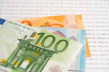 Euro banknotes on spreadsheet paper, Banking Account, Investment Analytic research data economy, trading, Business company concept.