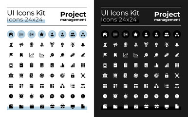 Project management glyph ui icons kit for dark, light mode. Task solving. Silhouette symbols for night, day themes. Solid pictograms. Vector isolated illustrations. Poppins font used